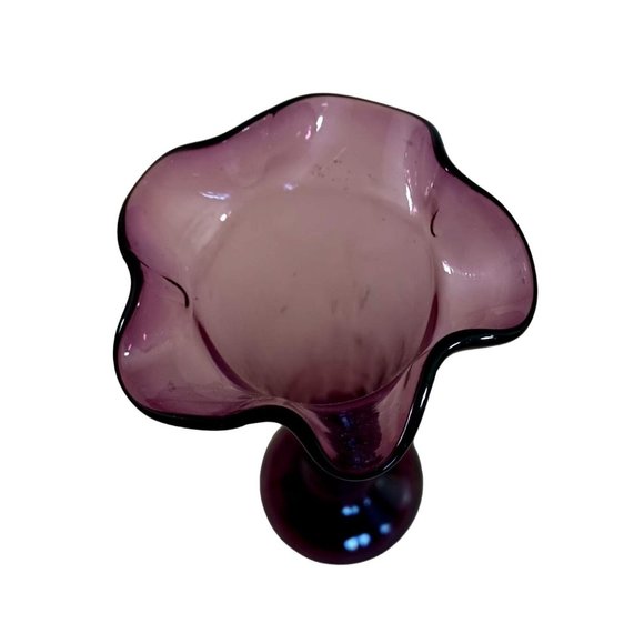 Vintage  Purple Hand Blown Glass Vase Ruffled Top Studio Art 9.25" x 3" Handmade - Picture 3 of 5